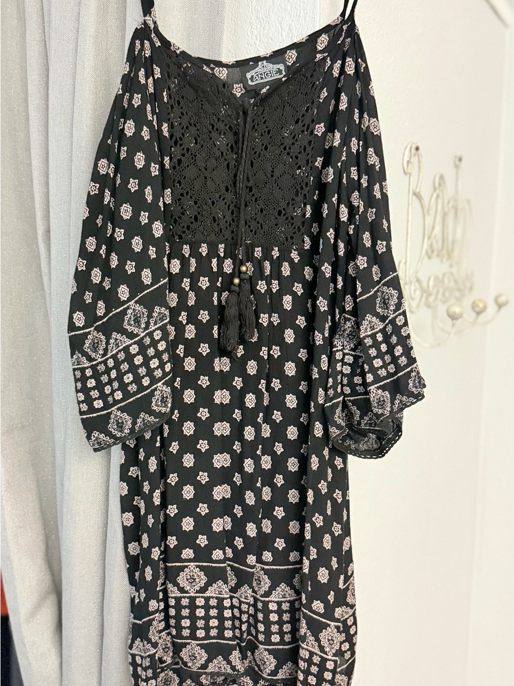 Angie Black Tunic Swim Coverup with Paisley Print and Crochet Yoke
